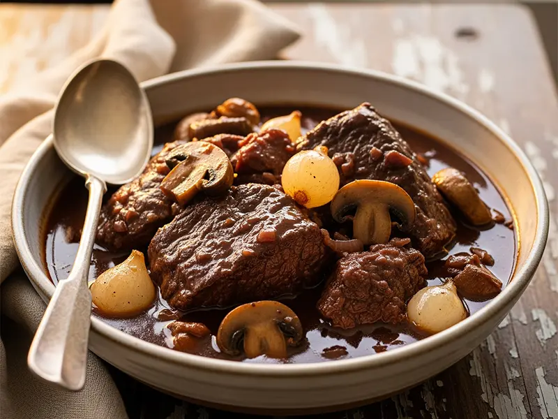 Bœuf Bourguignon traditionnel mijotant dans une cocotte en fonte, avec lardons et champignons
