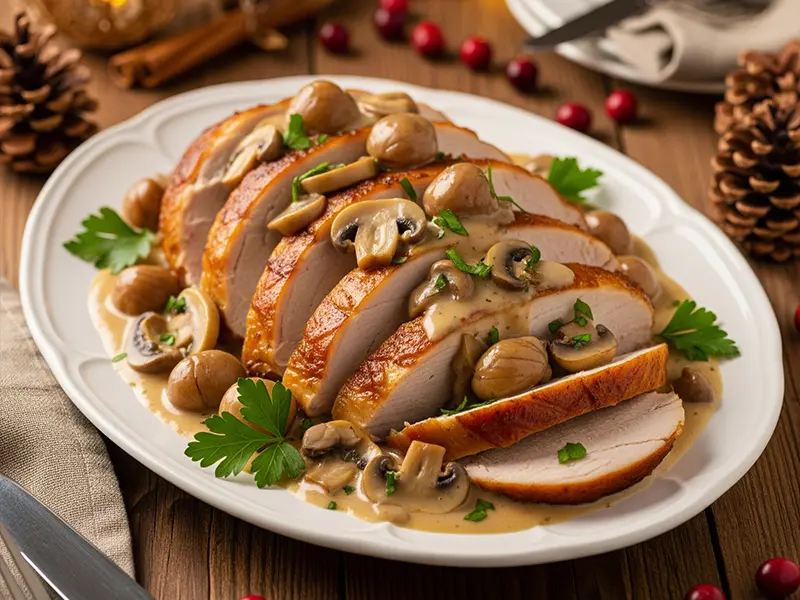 Rôti de dinde aux marrons, tranché, avec une sauce crémeuse et festive