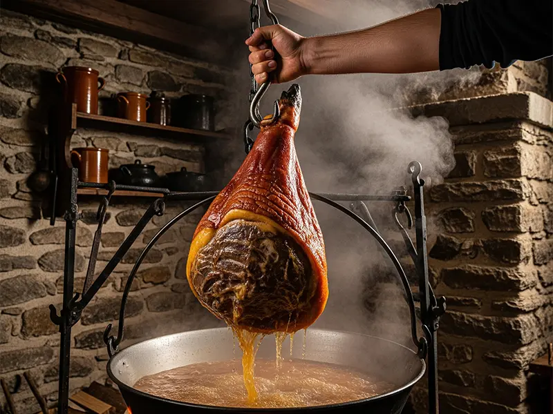 Jambon de la Borne entier et fumé, prêt à être découpé