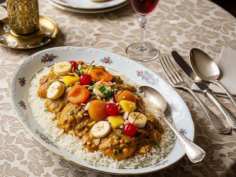Assiette de Riz Casimir avec sa sauce curry et ses fruits