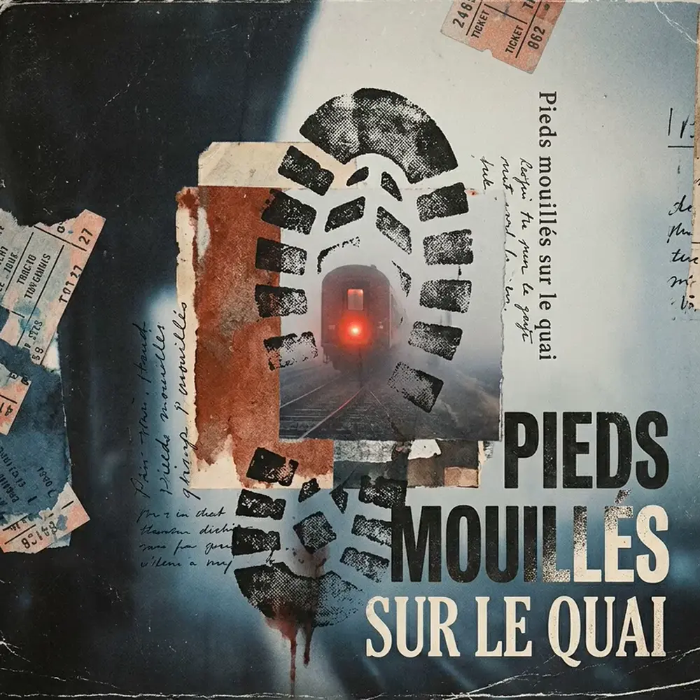Pochette du titre Pieds mouillés sur le quai illustrant une trace de chaussure sur fond de train et de pluie