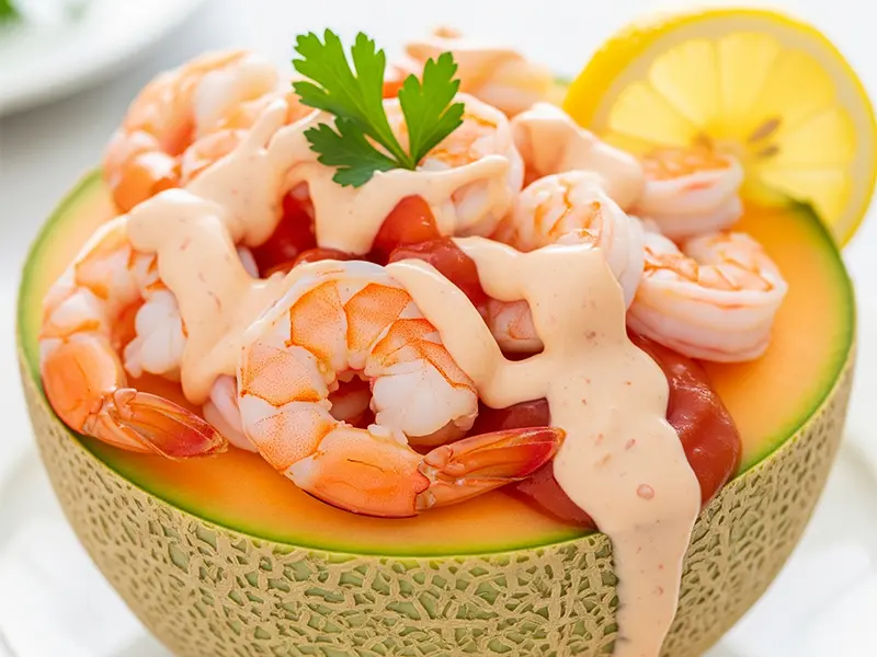 Entrée classique d'avocat-crevettes avec sa sauce cocktail onctueuse