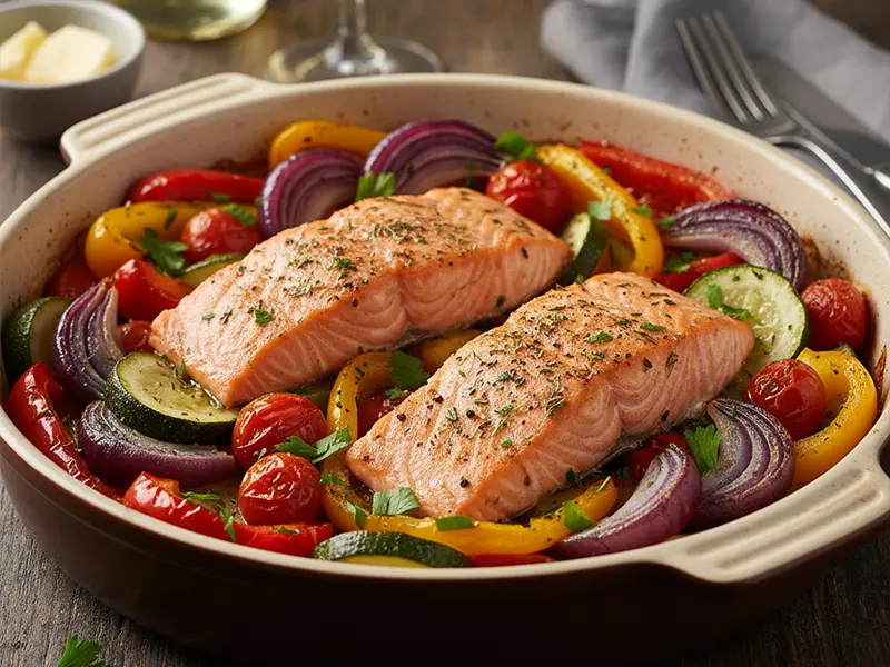 Filet de saumon cuit au four sur un lit de légumes colorés